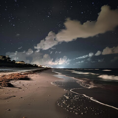 Fototapeta na wymiar a photo of a florida beach at night with sky glow in the distance over the shore
