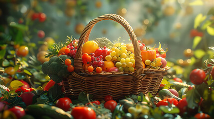 Basket filled healthy food, hyperrealistic food photography