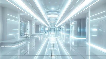 A sterile futuristic corporate hallway. Mostly white architecture, a few tables and chairs in the distance. Generative AI.