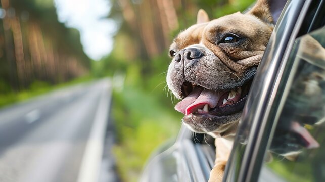 Happy dog with head out of a car window - Powered by Adobe