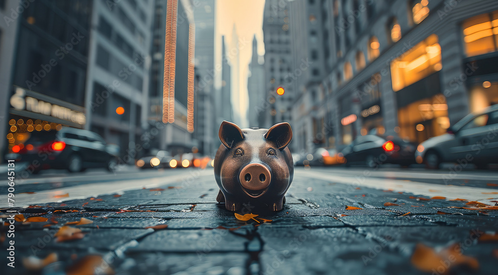 Aufkleber Piggy bank on the empty street with modern building behind it. Generative AI.