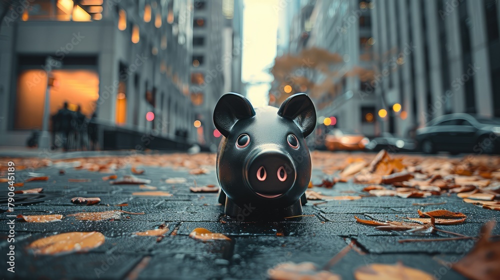 Poster Piggy bank on the empty street with modern building behind it. Generative AI.