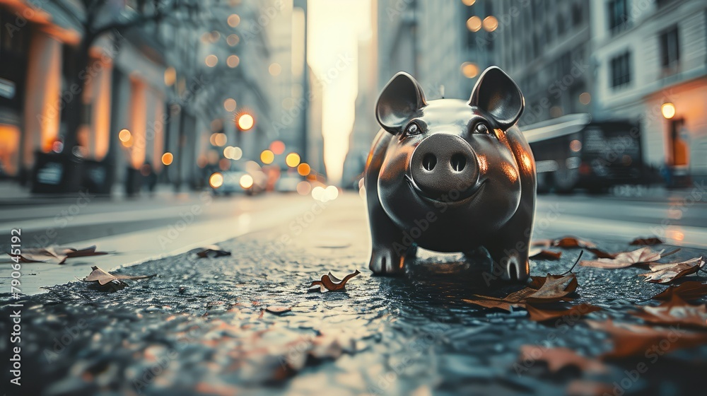Aufkleber Piggy bank on the empty street with modern building behind it. Generative AI.