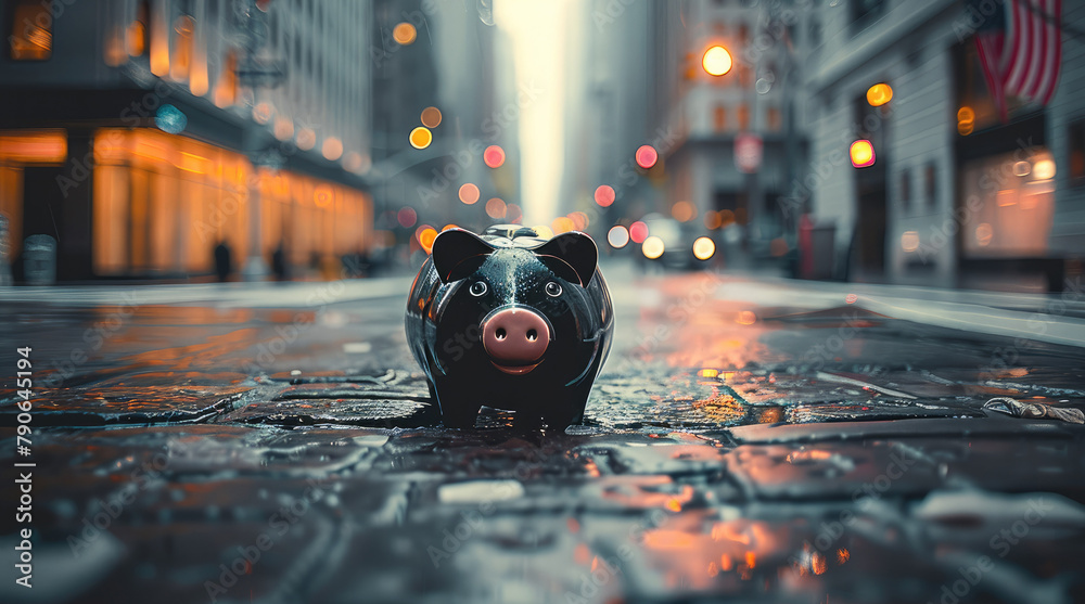 Aufkleber Piggy bank on the empty street with modern building behind it. Generative AI.