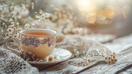 Obraz na płótnie Canvas scene with an ornate porcelain cup filled with herbal tea