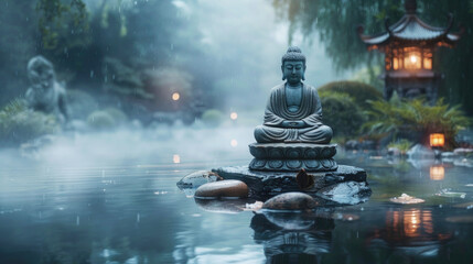 A Buddha statue sits on a rock in a pond. The pond is surrounded by trees and the water is calm and still. The atmosphere is peaceful and serene. Ai generated. - Powered by Adobe