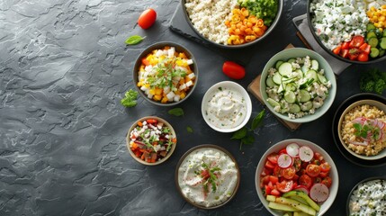 meal prep session with various healthy dishes, top view with dark background