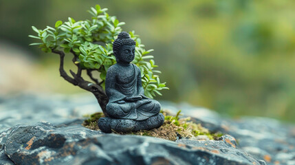 A statue of a Buddha sitting on a rock next to a tree. The statue is small and made of stone, a symbol of peace, harmony, tranquility and balance. Ai generated - Powered by Adobe