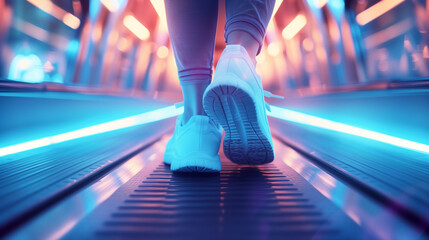 Women's legs in sneakers on treadmill exercise machine on blue with purple background. Concept of...