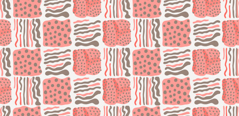 A creative arts pattern featuring a seamless design of pink and gray stripes and dots on a white background. The motif creates symmetry and repetition, perfect for textiles or wall art