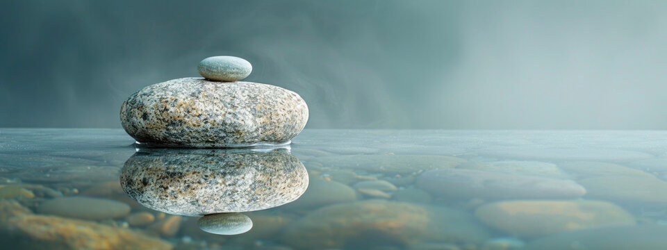 Pile of Zen stones on the water surface. The reflection of the rock is visible in the water. Concept of calm and tranquility. Ai generated