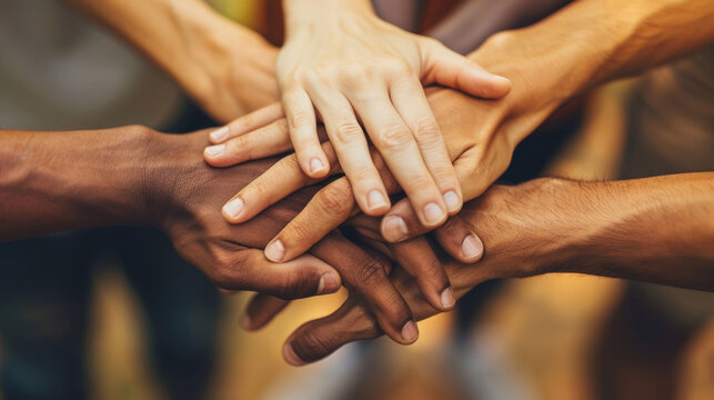 Hands, huddle and diversity with trust, helping others and solidarity with community teamwork. People, support and success with partnership, goal and motivation for collaboration with perseverance