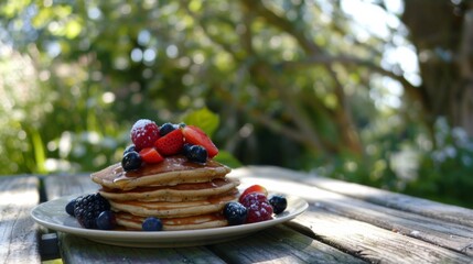 a stack of whole grain pancakes topped with vibrant fresh berries