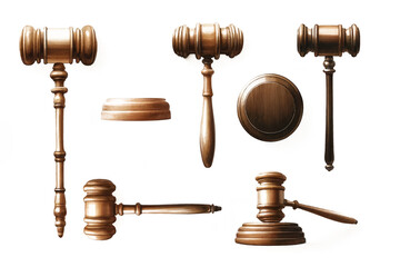 A set of polished wooden gavels and sound blocks isolated on a white background, symbolizing legal authority, justice system, and Law Day