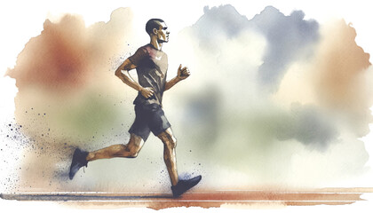 Watercolor illustration of a focused male runner in motion, ideal for fitness, marathon, and healthy lifestyle concepts, related to sports events and training