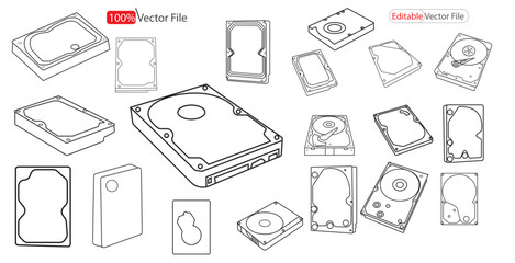 Object isolated on white. Detailed 3d hard disk outline vector isometric illustration.  Flat vector illustration isolated on white background. Set Hard disk drive for storing data on a computer line a