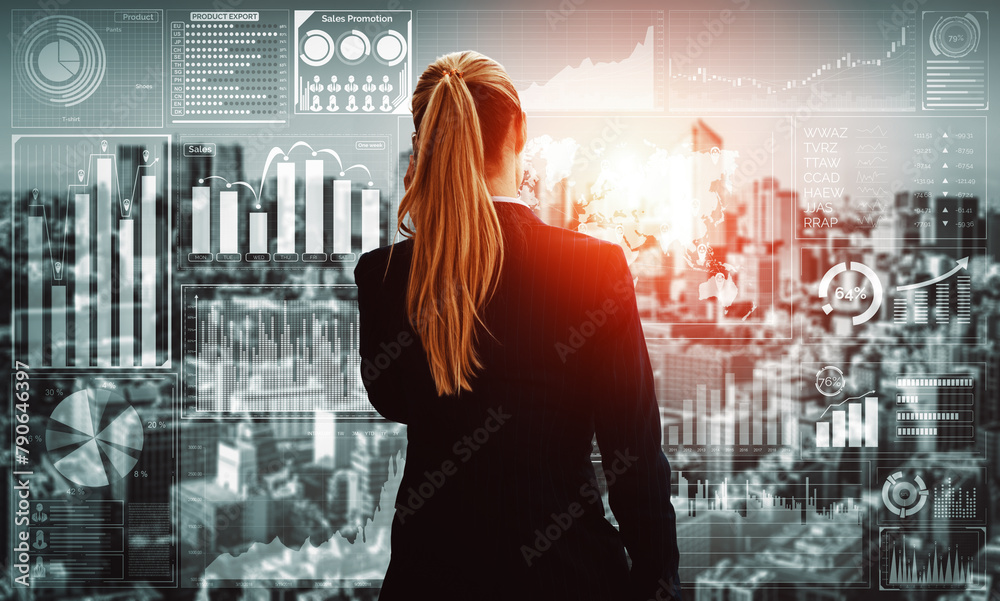 Poster data analysis for business and finance concept. interface showing future computer technology of prof