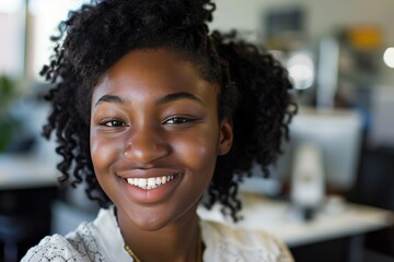 Successful young businesswoman standing in a modern business building - pretty smiling confident woman with long hair. Beautiful simple AI generated image in 4K, unique.