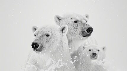 Family of polar bears close up, wild animals concept, white background, banner