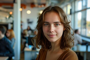 Successful young businesswoman standing in a modern business building - pretty smiling confident woman with long hair. Beautiful simple AI generated image in 4K, unique.
