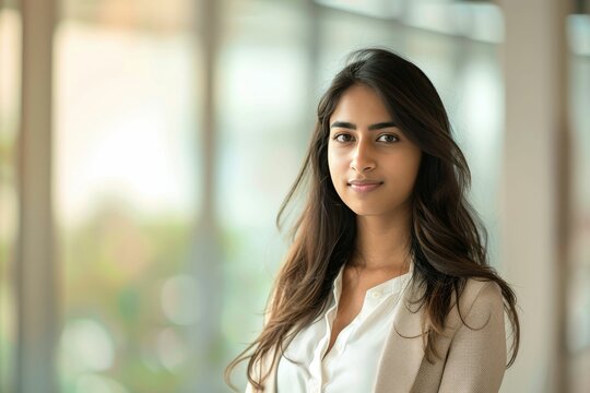 Successful young businesswoman standing in a modern business building - pretty smiling confident woman with long hair. Beautiful simple AI generated image in 4K, unique.