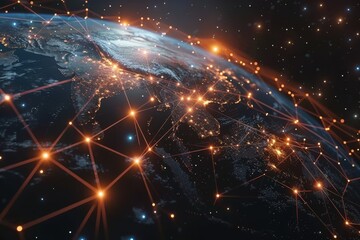 A closeup of the Earth with global network connections .