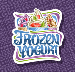 Vector logo for Frozen Yogurt, decorative cut paper signboard with illustration of three variety colorful ice creams with fresh fruits slices in carton tubs and text frozen yogurt on purple background