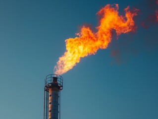 A gas flare burns brightly at the tip of an industrial stack with intense flames against a clear blue sky.