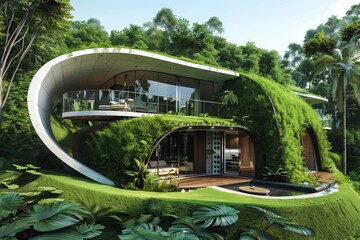 Environmentally friendly house showcasing eco innovations and green design - Powered by Adobe