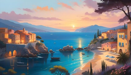 A picturesque Mediterranean coastal village at sunset, featuring warmly lit houses, boats on calm waters, and a serene sky. - obrazy, fototapety, plakaty