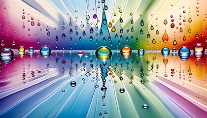 Colorful water droplets on a surface reflecting various hues, creating a vibrant and abstract pattern.
