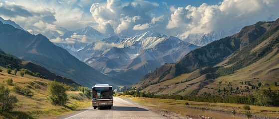 White tourist bus on winding road in picturesque mountain setting, blue sky with fluffy clouds. - obrazy, fototapety, plakaty