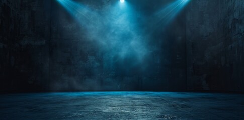 Abstract background, blue spotlight on dark wall, concrete floor in a dark room, spotlights, smoke. - 790646958