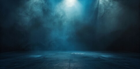 Abstract background, blue spotlight on dark wall, concrete floor in a dark room, spotlights, smoke. - 790646960