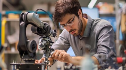 Obraz premium mechanical engineer working on a robotic arm, demonstrating the intersection of engineering and automation