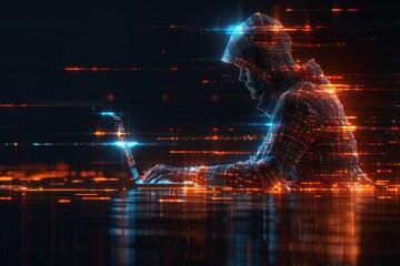 Abstract polygonal hacker with laptop on technology dark background. - 790647110