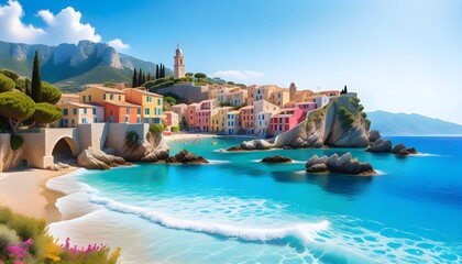 Colorful coastal town with sandy beach and clear blue waters, surrounded by rugged mountains and lush greenery. - obrazy, fototapety, plakaty