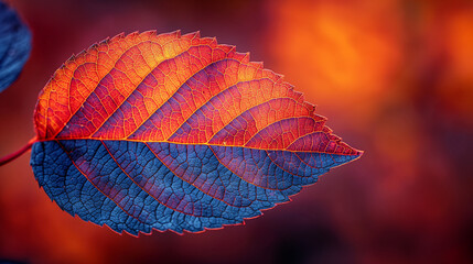 Highly detailed, close-up shot of a leaf, in the style of macro photography, with blurred background, vibrant colors, and textures.