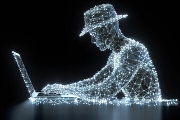 Abstract polygonal hacker with laptop on technology dark background. - 790647186