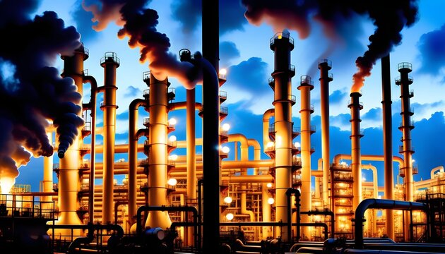 An industrial scene at dusk showing a chemical plant with numerous pipes and smokestacks emitting smoke against a vibrant blue sky.