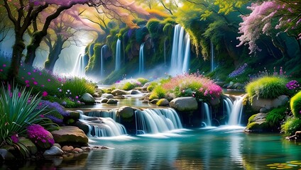 A vibrant and serene landscape featuring multiple waterfalls cascading into a tranquil river, surrounded by lush greenery and colorful blossoms.