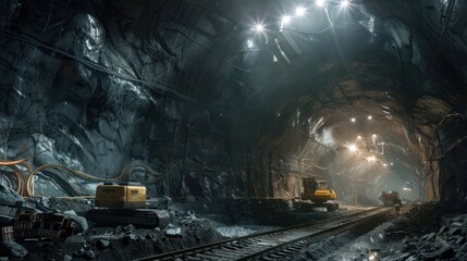 A tunnel is being excavated deep underground, its progress illuminated by powerful lights