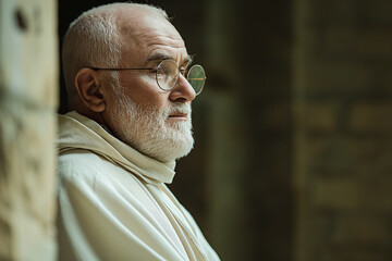 portrait of an old christian catholic monk or friar praying in the abbey - obrazy, fototapety, plakaty