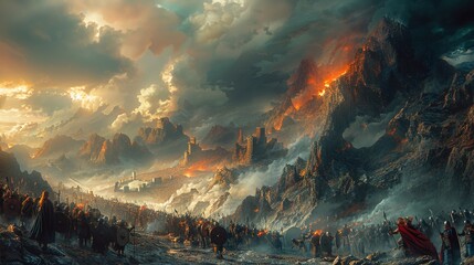 A mythical Norse battlefield, where warriors are chosen by Valkyries under a stormy sky, bound for Valhalla - obrazy, fototapety, plakaty