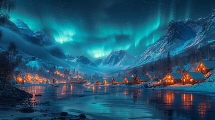 A Viking village frozen in time, discovered beneath the northern lights, with warriors ready for Valhalla - obrazy, fototapety, plakaty