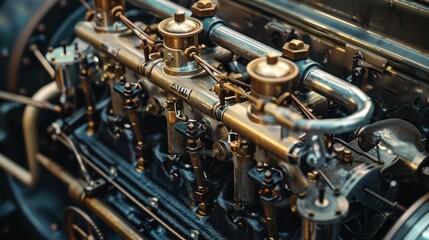 A vintage engine, its polished metal and intricate details reflecting the craftsmanship of a bygone era