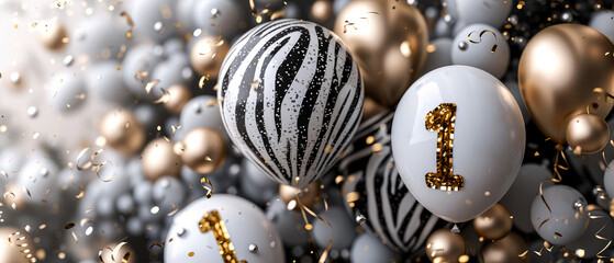 Celebrations background with glossy, helium balloons, number one, one, golden confetti decoration. Zebra texture, stripes pattern. Holidays mockup. Birthday greeting card. Generative ai