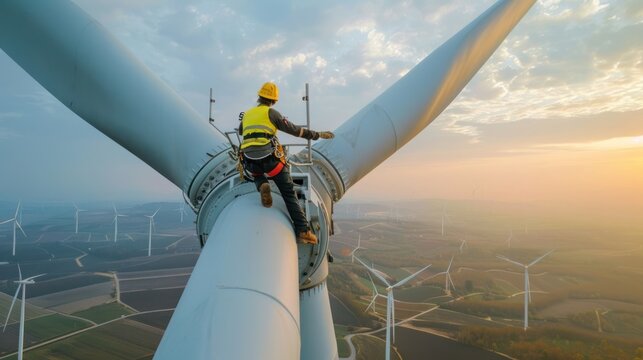A wind turbine technician scaling a towering mast, their work crucial for harnessing renewable energy.