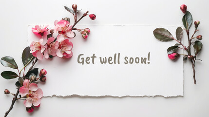 Get Well Soon Message with Spring Blossoms on White Background