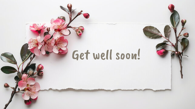 Get Well Soon Message with Spring Blossoms on White Background